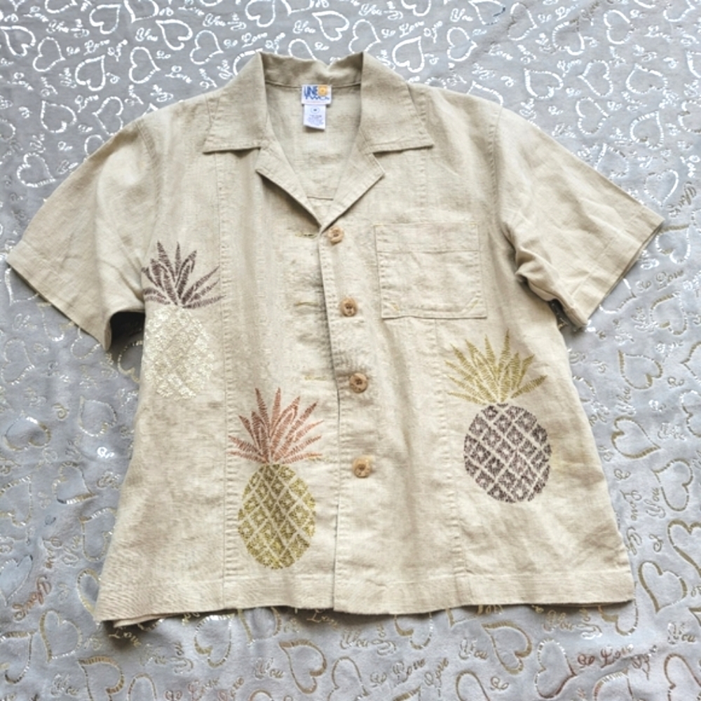 Tan Pineapple Top Embroidered Button Down Vacation